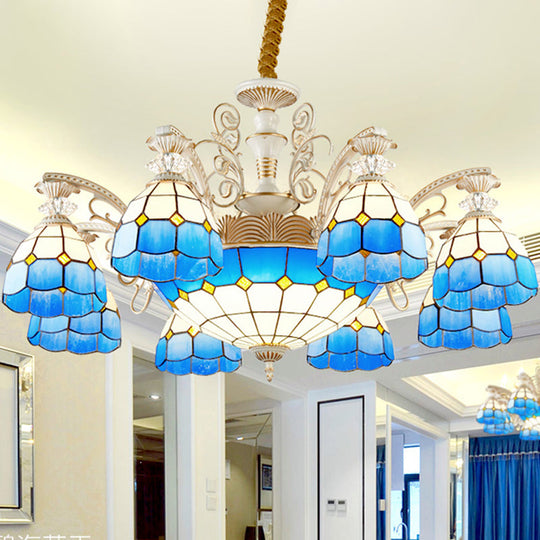 Blue Stained Glass Chandelier Pendant Light - Tiffany Style Ceiling Lamp With Grid Pattern 5/9/11