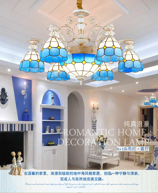 Blue Stained Glass Chandelier Pendant Light - Tiffany Style Ceiling Lamp With Grid Pattern 5/9/11