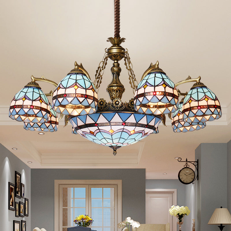 Tiffany Cut Glass Chandelier with Blue Lights and Domed Shade