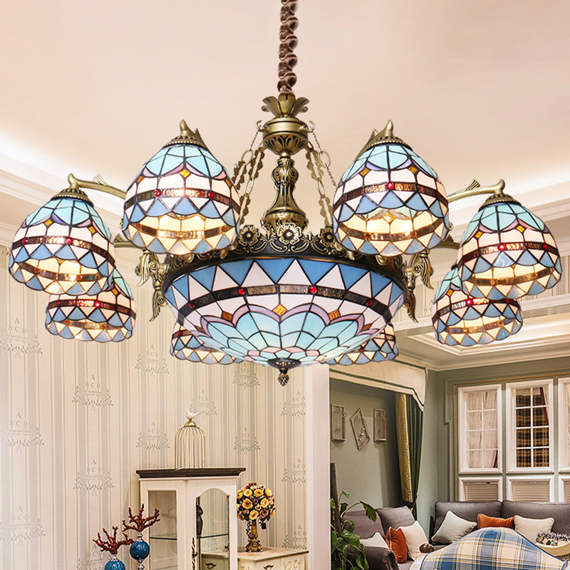 Tiffany Cut Glass Chandelier with Blue Lights and Domed Shade