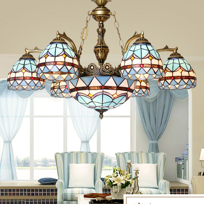 Tiffany Cut Glass Chandelier with Blue Lights and Domed Shade