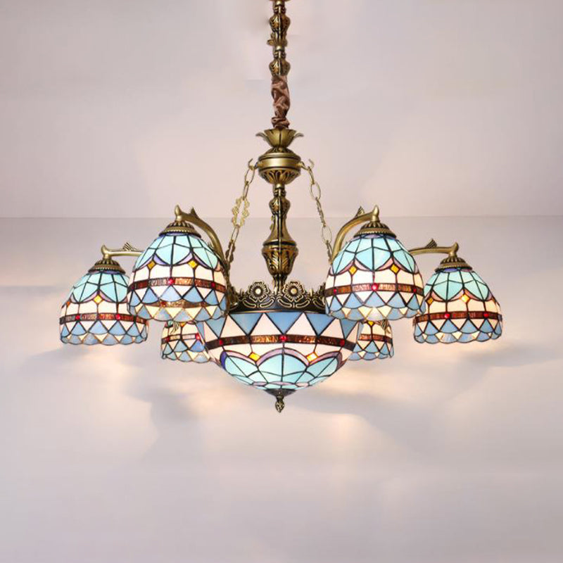 Tiffany Cut Glass Chandelier with Blue Lights and Domed Shade