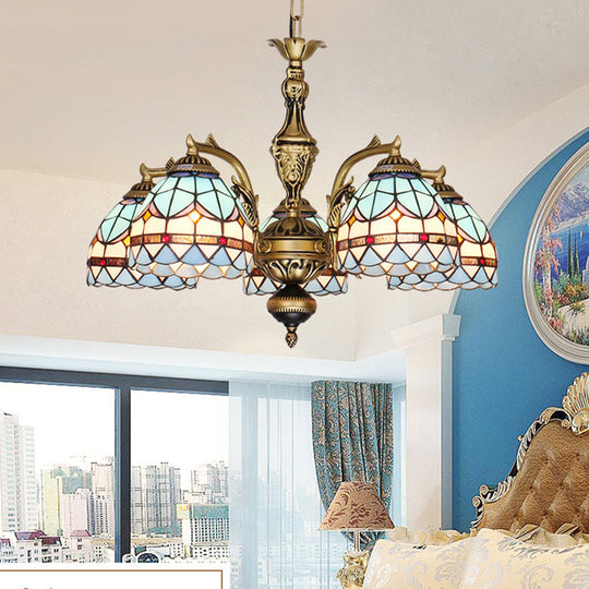 Tiffany Cut Glass Chandelier with Blue Lights and Domed Shade