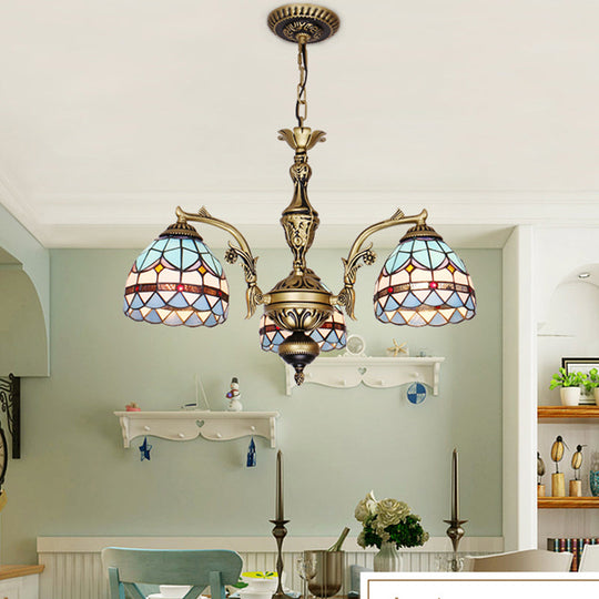 Tiffany Cut Glass Chandelier with Blue Lights and Domed Shade