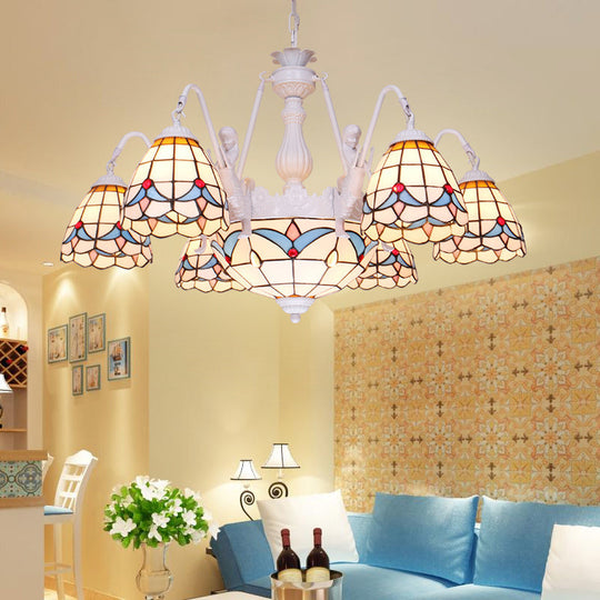 Mediterranean Stained Glass Dome Chandelier with 8/9/11 Lights - White Ceiling Pendant Light