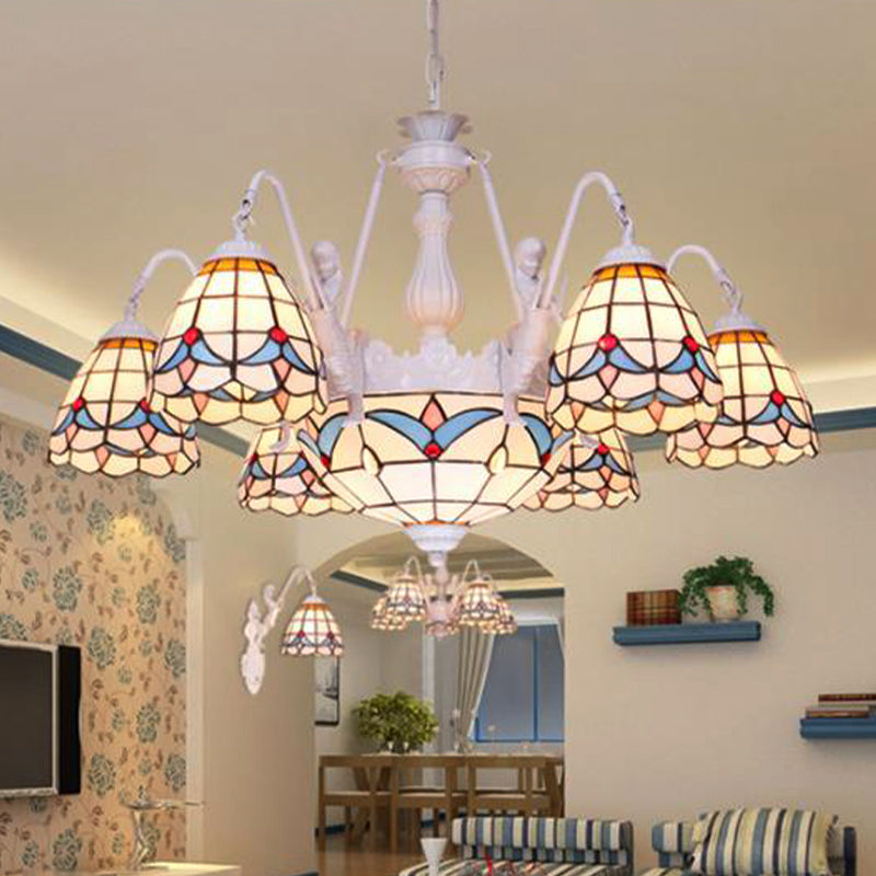 Mediterranean Stained Glass Dome Chandelier with 8/9/11 Lights - White Ceiling Pendant Light