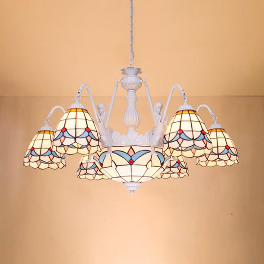 Mediterranean Stained Glass Dome Chandelier with 8/9/11 Lights - White Ceiling Pendant Light