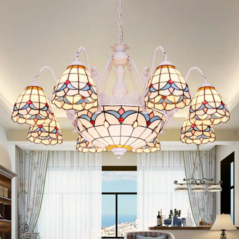 Mediterranean Stained Glass Dome Chandelier with 8/9/11 Lights - White Ceiling Pendant Light