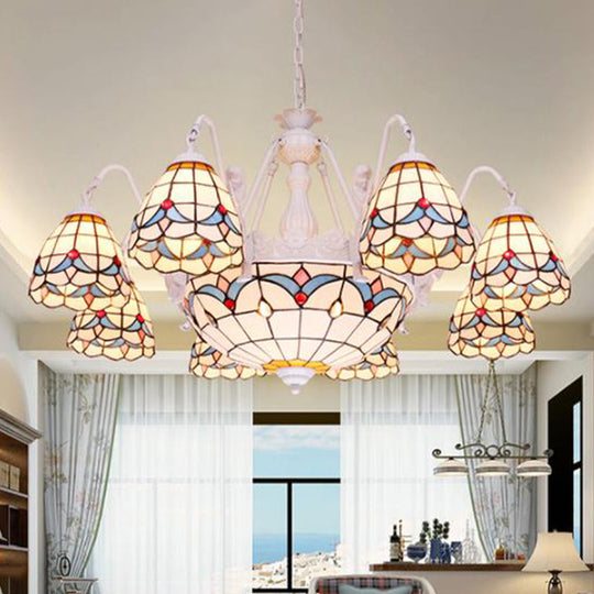 Mediterranean Stained Glass Dome Chandelier with 8/9/11 Lights - White Ceiling Pendant Light