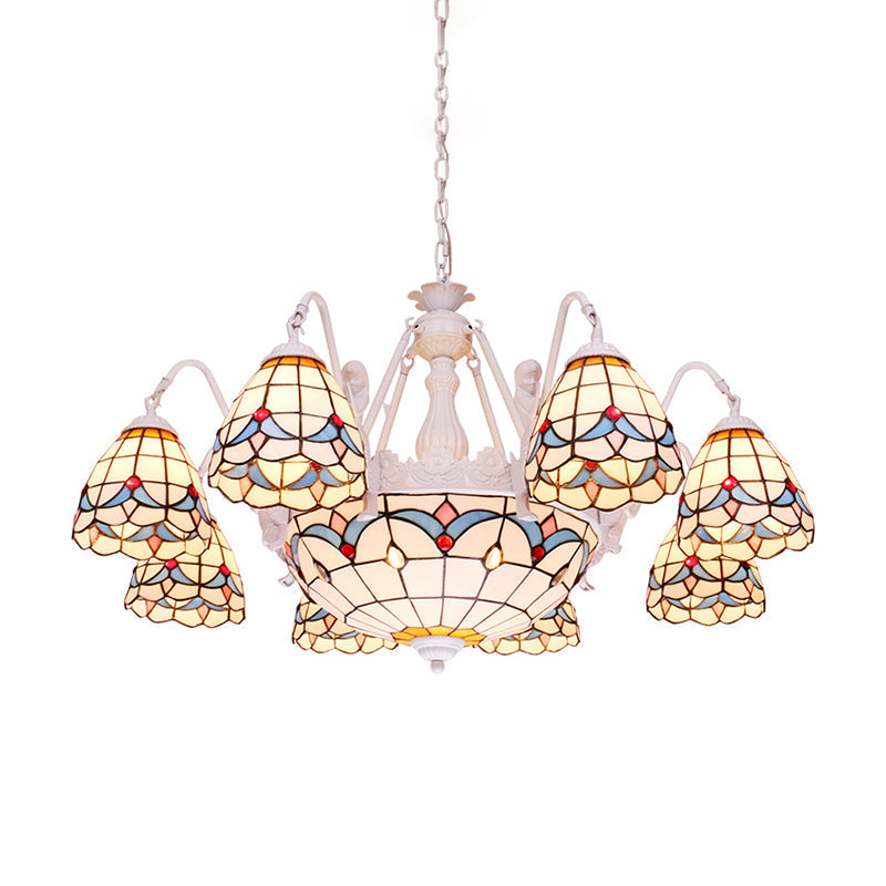 Mediterranean Stained Glass Dome Chandelier with 8/9/11 Lights - White Ceiling Pendant Light