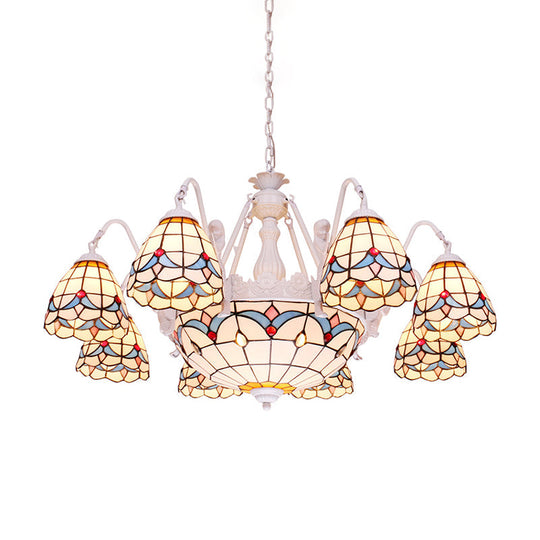 Mediterranean Stained Glass Dome Chandelier with 8/9/11 Lights - White Ceiling Pendant Light