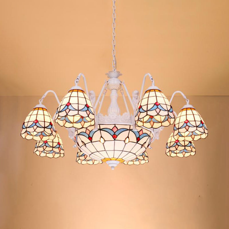 Mediterranean Stained Glass Dome Chandelier with 8/9/11 Lights - White Ceiling Pendant Light