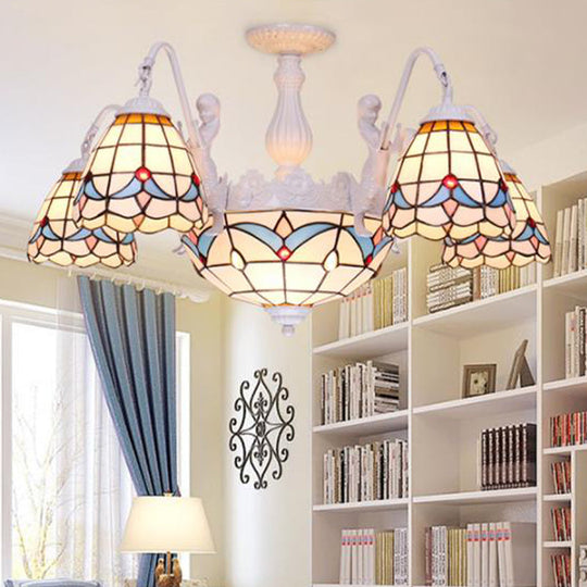 Mediterranean Stained Glass Dome Chandelier with 8/9/11 Lights - White Ceiling Pendant Light