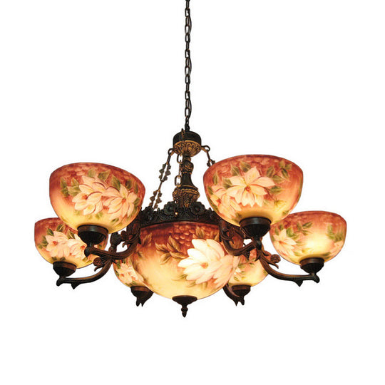 Tiffany Bronze Chandelier with Dome Stained Glass Shade - 3/7 Lights Pendant Fixture for Living Room