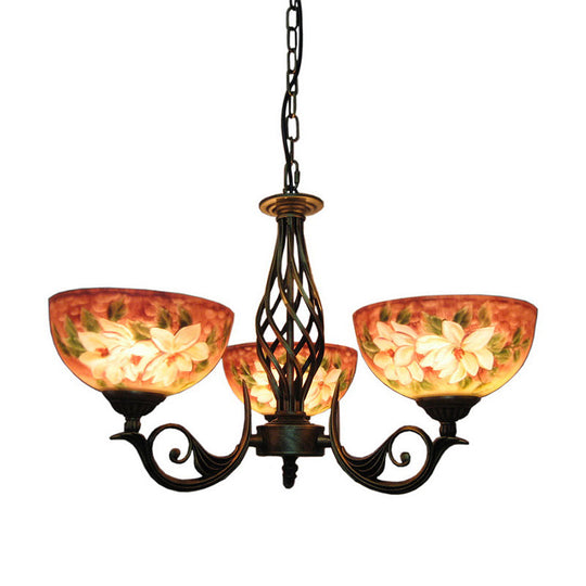 Tiffany Bronze Chandelier with Dome Stained Glass Shade - 3/7 Lights Pendant Fixture for Living Room