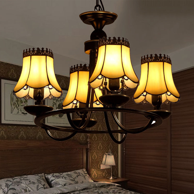 Elegant Baroque Chandelier With Beige Glass Bell Shades - 4/6/8 Lights Black Hanging Lamp Kit 4 /