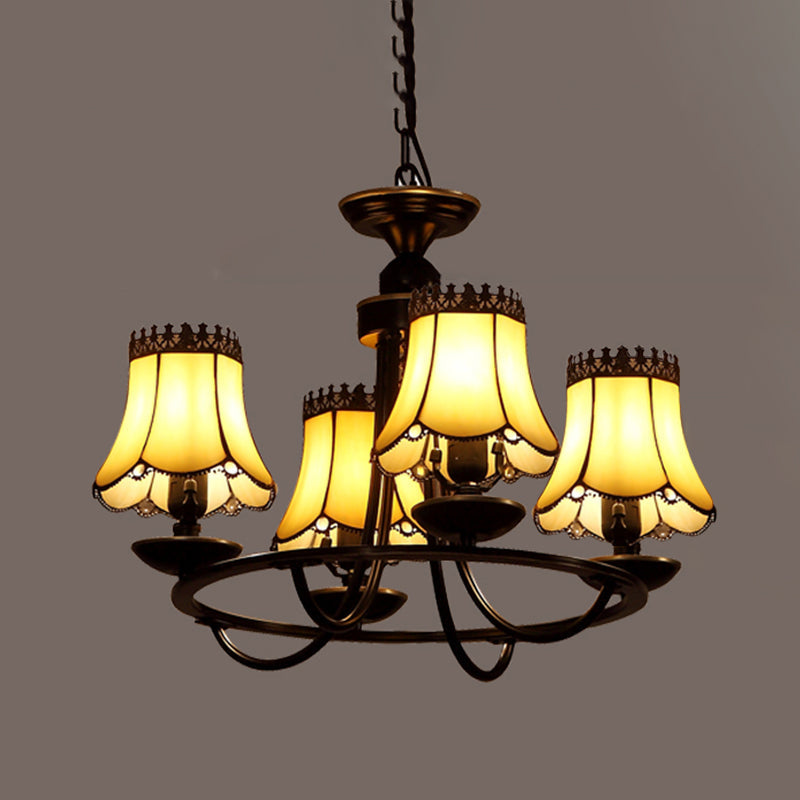 Baroque Bell Shade Chandelier Light Fixture - 4/6/8 Lights Beige Glass Hanging Lamp Kit (Black)