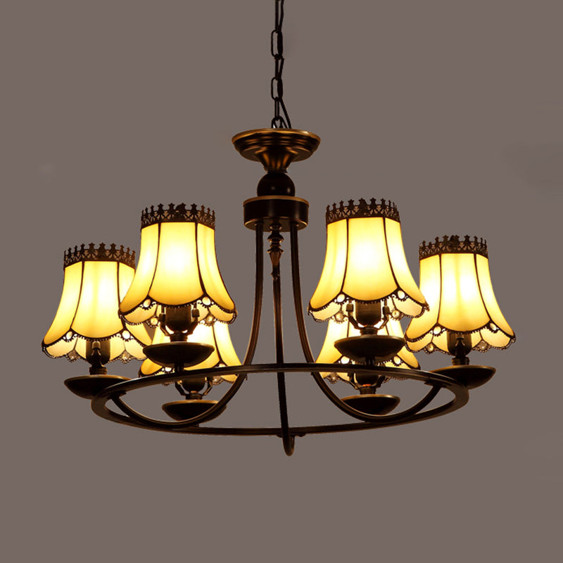 Baroque Bell Shade Chandelier Light Fixture - 4/6/8 Lights Beige Glass Hanging Lamp Kit (Black)