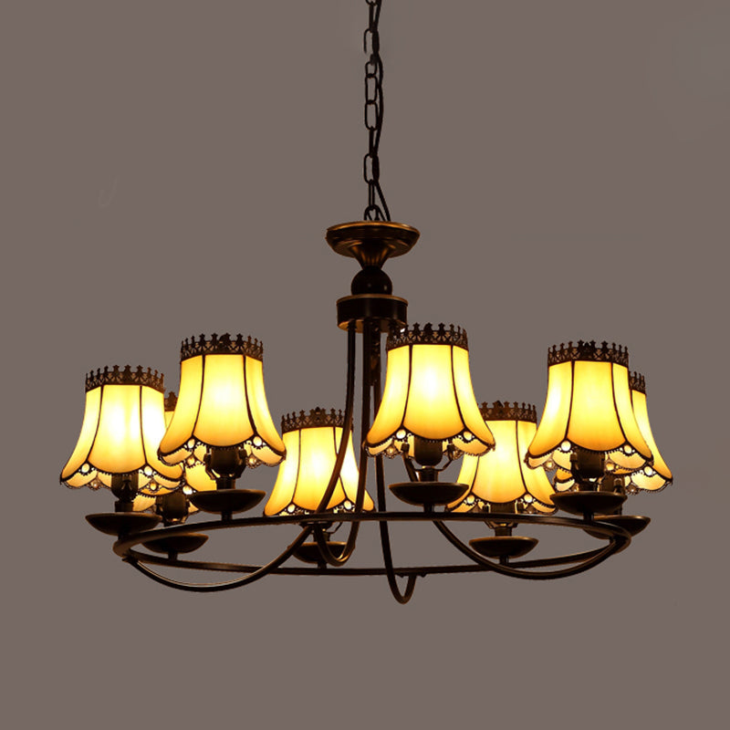 Baroque Bell Shade Chandelier Light Fixture - 4/6/8 Lights Beige Glass Hanging Lamp Kit (Black)