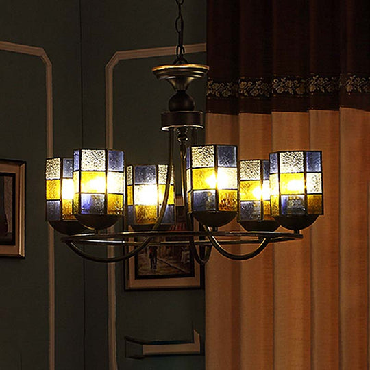 Blue Stained Glass Chandelier Pendant Light - 4/6/8 Cylinder Lights for Mediterranean Dining Room