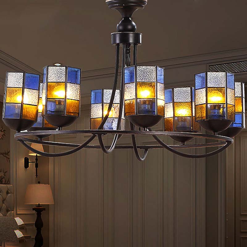 Blue Stained Glass Chandelier Pendant Light - 4/6/8 Cylinder Lights for Mediterranean Dining Room