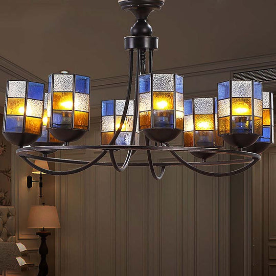 Blue Stained Glass Chandelier With Mediterranean Charm - Cylinder Style | 4/6/8-Light Pendant Light