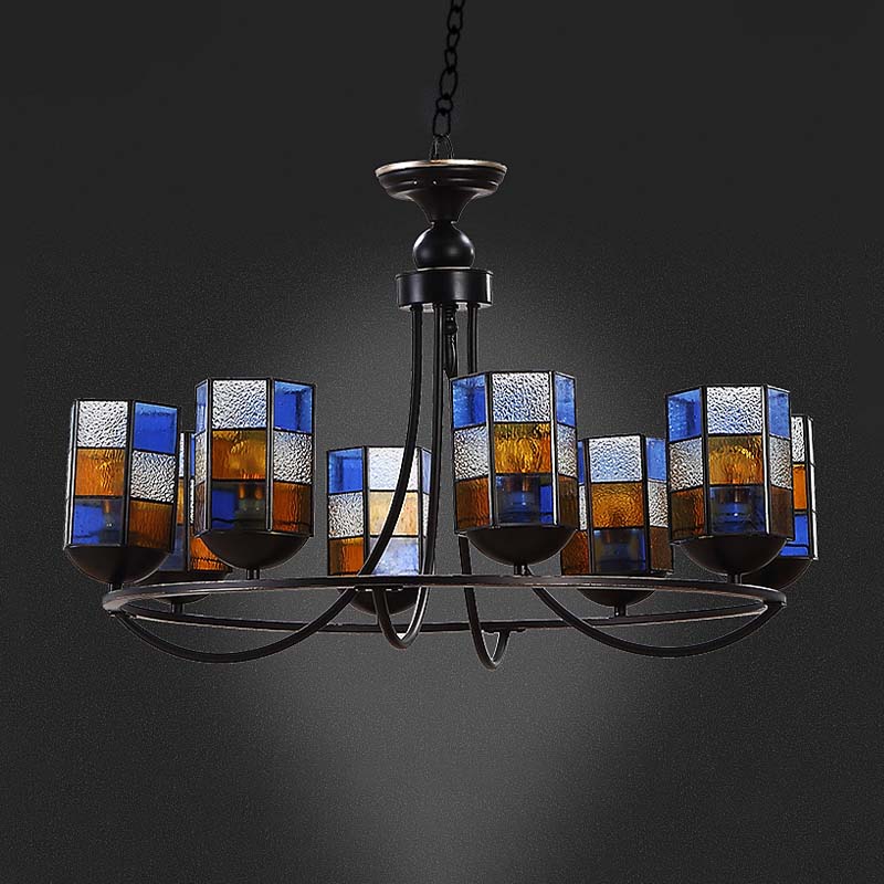 Blue Stained Glass Chandelier Pendant Light - 4/6/8 Cylinder Lights for Mediterranean Dining Room