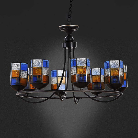 Blue Stained Glass Chandelier With Mediterranean Charm - Cylinder Style | 4/6/8-Light Pendant Light