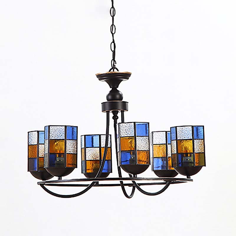 Blue Stained Glass Chandelier Pendant Light - 4/6/8 Cylinder Lights for Mediterranean Dining Room