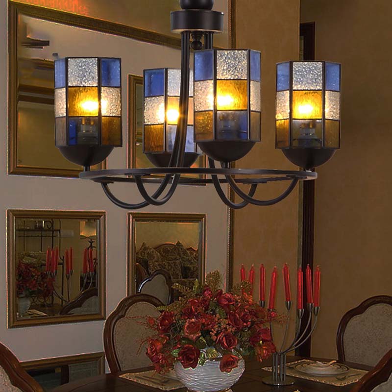 Blue Stained Glass Chandelier With Mediterranean Charm - Cylinder Style | 4/6/8-Light Pendant Light