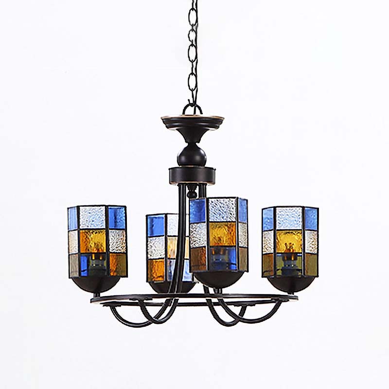 Blue Stained Glass Chandelier Pendant Light - 4/6/8 Cylinder Lights for Mediterranean Dining Room