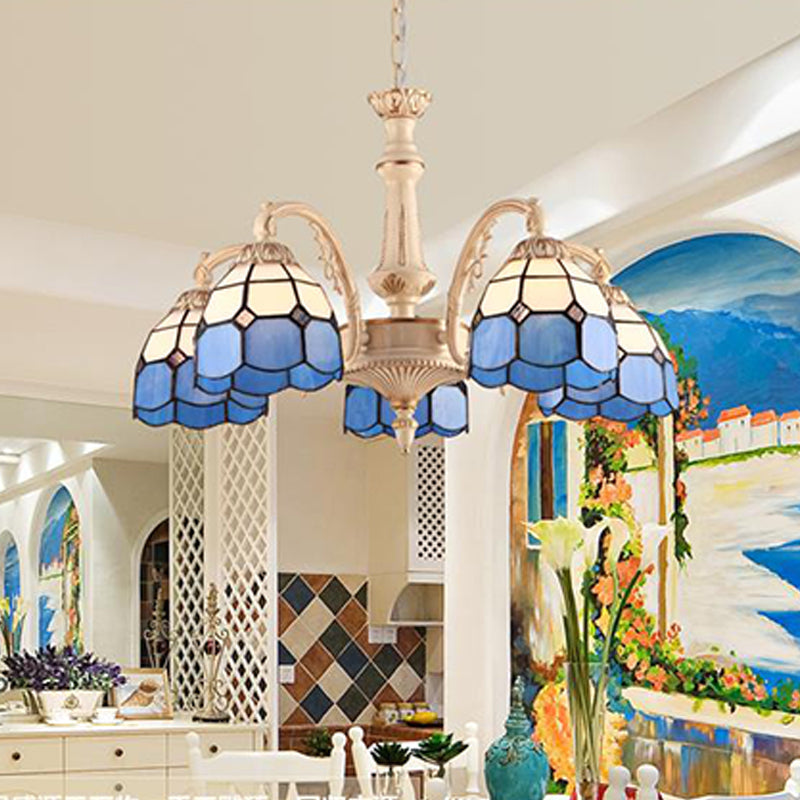 Baroque Dome Pendant Chandelier with Hand Cut Glass - 3/5 Lights, Yellow and Blue - Ideal for Kitchen Ceiling