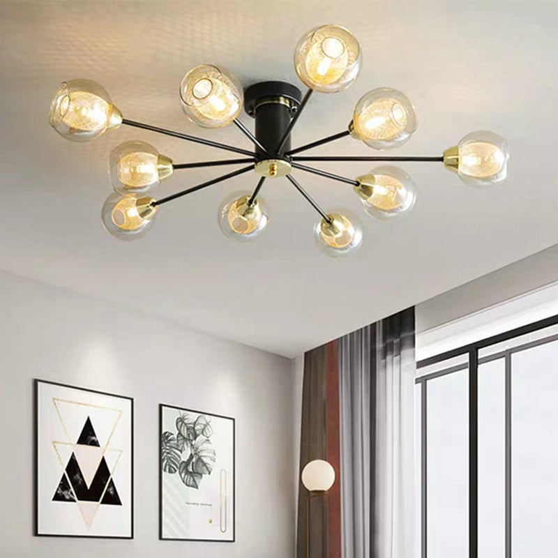 Modernist 10-Head Amber Glass Ball Semi Flush Mount Ceiling Lamp With Radial Black Design