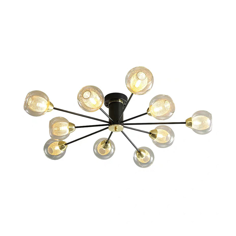 Modernist 10-Head Amber Glass Ball Semi Flush Mount Ceiling Lamp With Radial Black Design