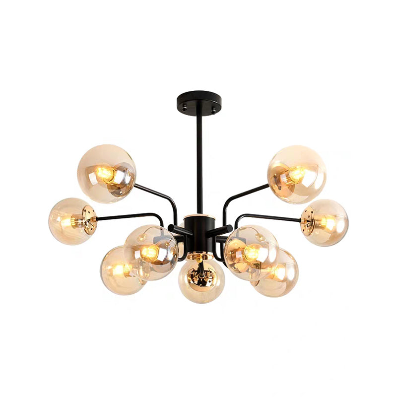 Contemporary Amber Glass Chandelier: Sphere Pendant Ceiling Light With 10 Bulbs Black Finish