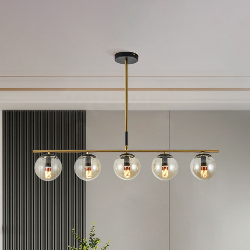 Modern Brass Pendant Light With 5 Cognac Glass Shades - Linear Dining Room Island Lamp