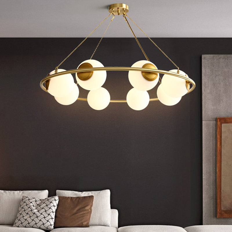 Modern Opal Glass Ball Chandelier - 8-Head Brass Hanging Ceiling Lamp With Elegant Ring Design