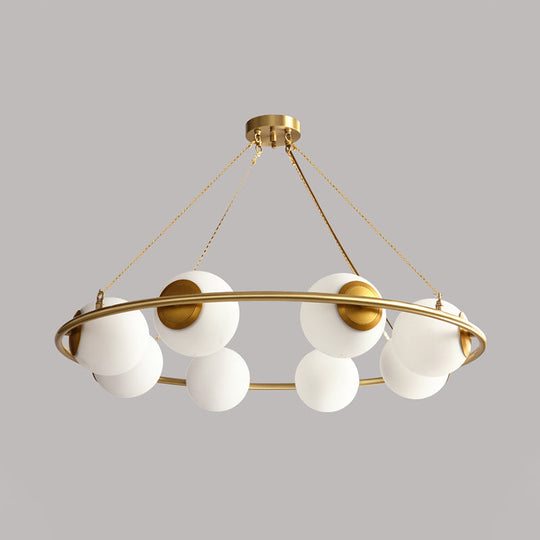 Modern Opal Glass Ball Chandelier - 8-Head Brass Hanging Ceiling Lamp With Elegant Ring Design