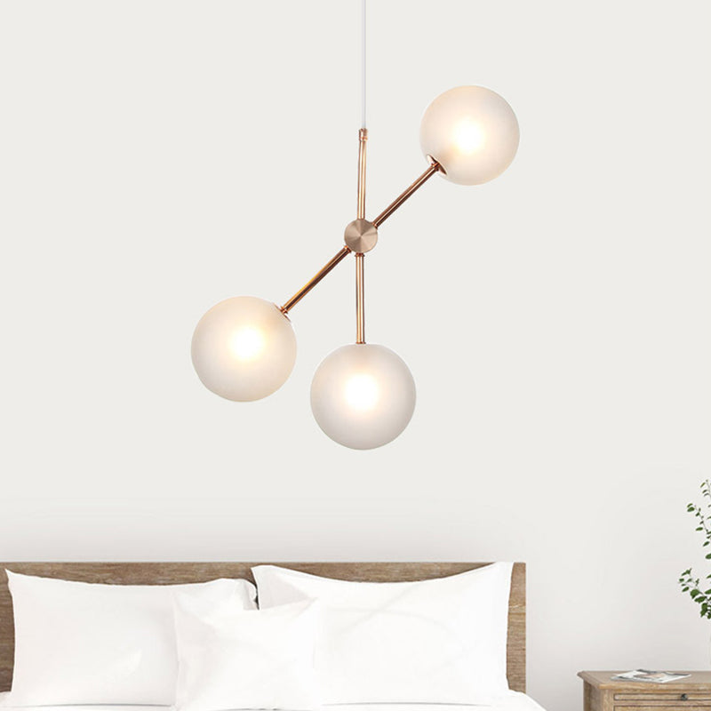 3-Head Modernist Led Chandelier In Rose Gold With Frosted Glass Shade