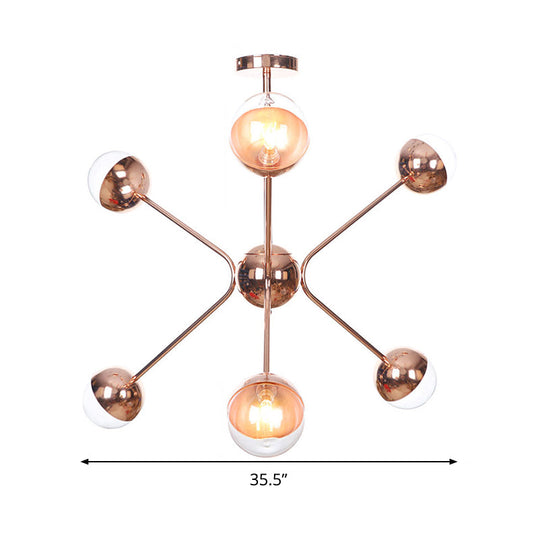 Contemporary Rose Gold Led Chandelier With Amber Glass Shade 6-Light Bedroom Ceiling Lamp