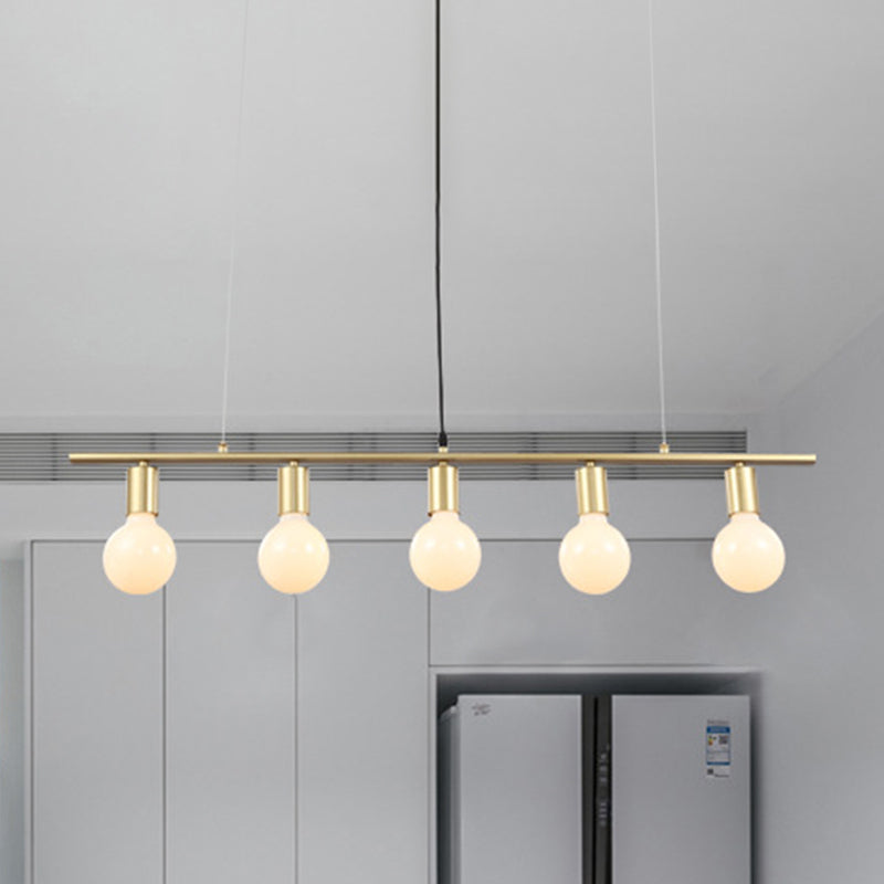 Contemporary Linear Metal Island Lighting With 5 Bulbs - White/Gold Finish Ceiling Lamp For Dining