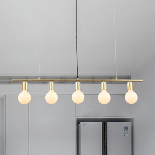 Contemporary Linear Metal Island Lighting With 5 Bulbs - White/Gold Finish Ceiling Lamp For Dining