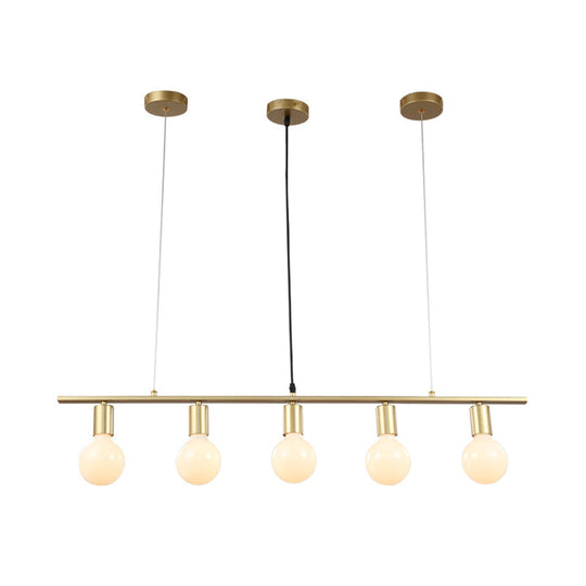 Contemporary Linear Metal Island Lighting With 5 Bulbs - White/Gold Finish Ceiling Lamp For Dining