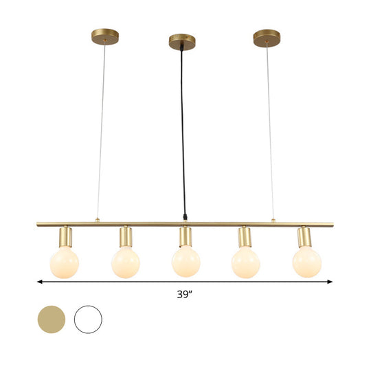 Contemporary Linear Metal Island Lighting With 5 Bulbs - White/Gold Finish Ceiling Lamp For Dining