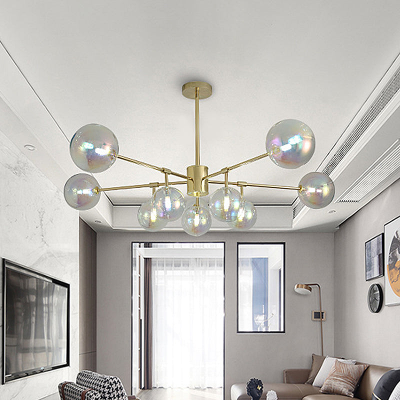 Modern Gold Led Pendant Chandelier With Rainbow Glass Shade - 10 Heads Living Room Lighting