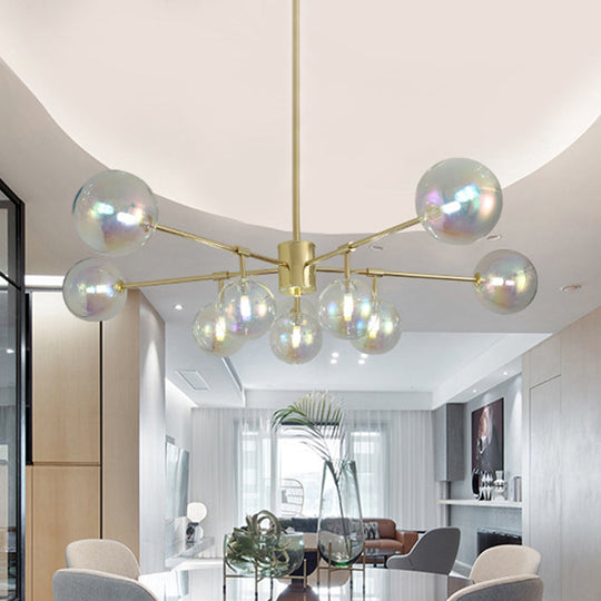 Modern Gold Led Pendant Chandelier With Rainbow Glass Shade - 10 Heads Living Room Lighting