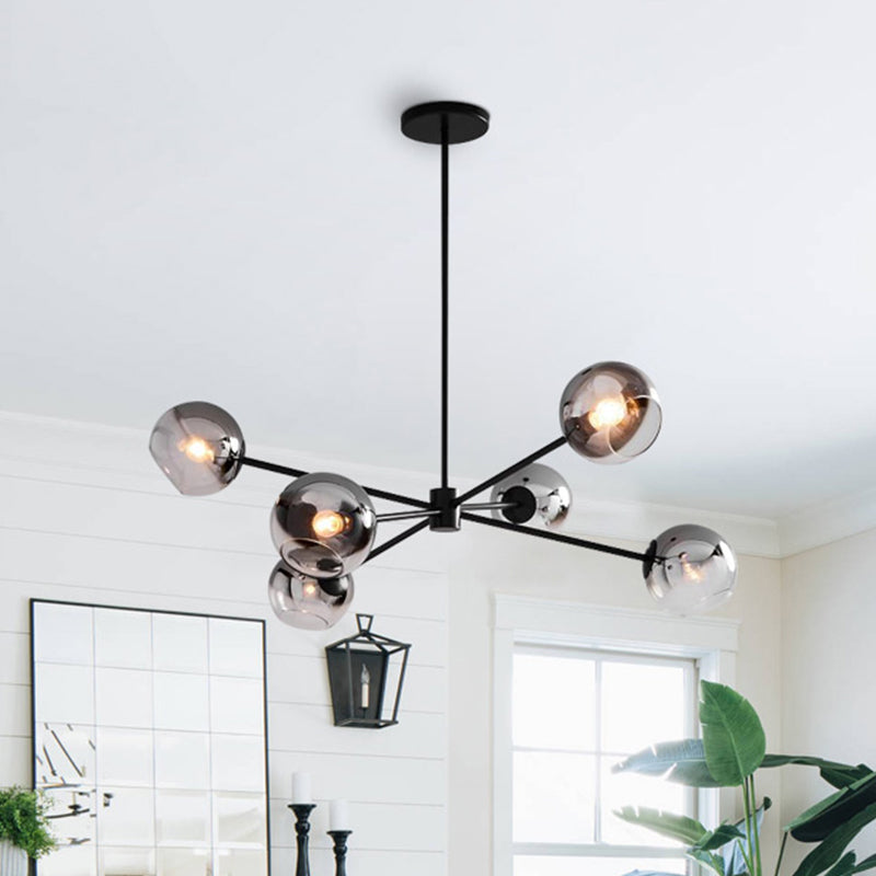 Modern Black Round Chandelier With 6 Grey Glass Pendants - Starburst Design