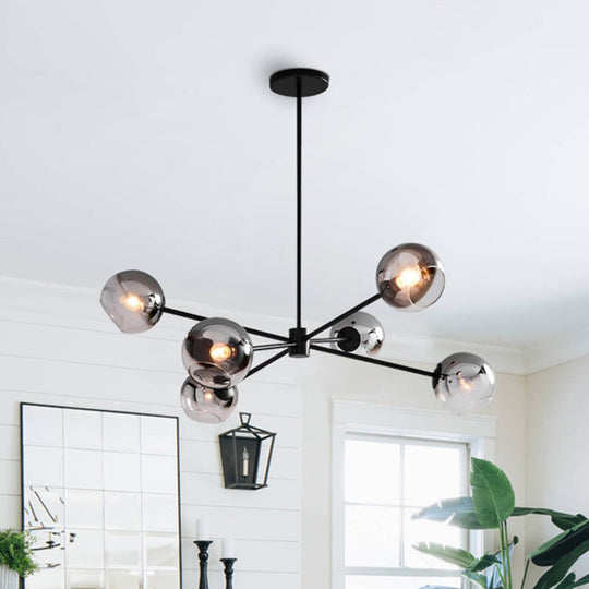 Modern Black Round Chandelier With 6 Grey Glass Pendants - Starburst Design