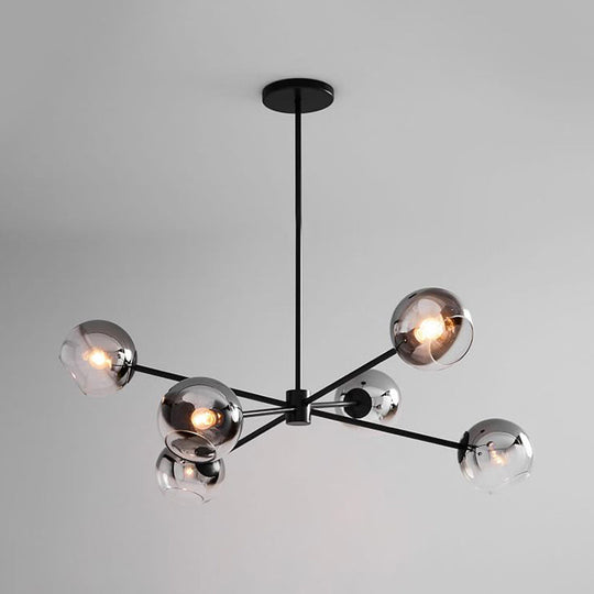 Modern Black Round Chandelier With 6 Grey Glass Pendants - Starburst Design