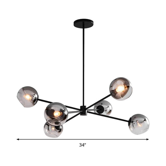 Modern Black Round Chandelier With 6 Grey Glass Pendants - Starburst Design